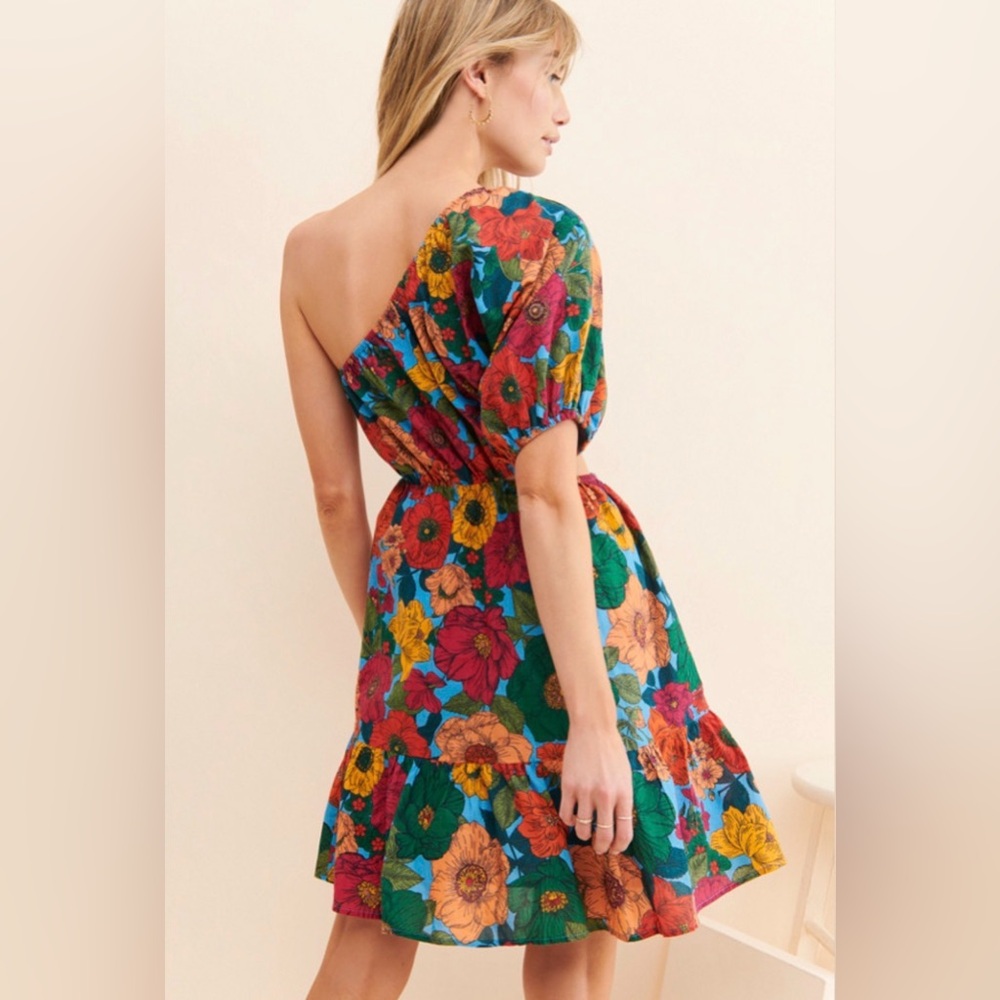 Du Paradis Floral One Shoulder Mini Dress Size M Cutout Flounce Hem - Picture 2 of 8